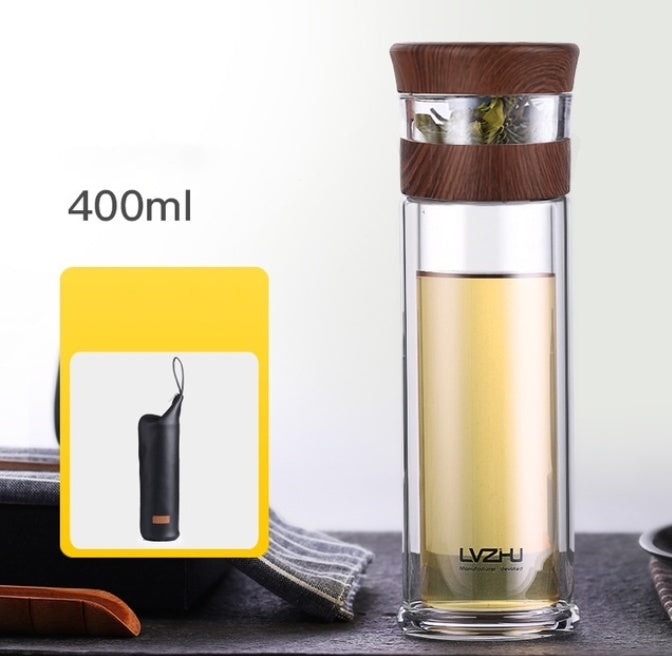Portable Double Wall Borosilicate Glass Tea Infuser Bottle With Lid Filter