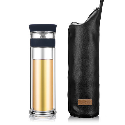 Portable Double Wall Borosilicate Glass Tea Infuser Bottle With Lid Filter