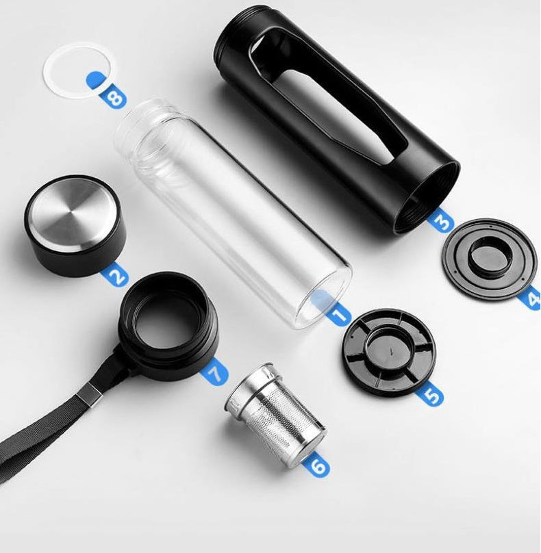 Double-Layer Borosilicate Glass Water Bottle with Stainless Steel Filter