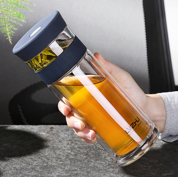 Portable Double Wall Borosilicate Glass Tea Infuser Bottle With Lid Filter