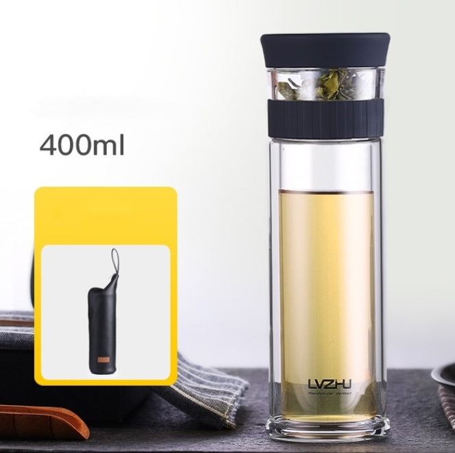 Portable Double Wall Borosilicate Glass Tea Infuser Bottle With Lid Filter