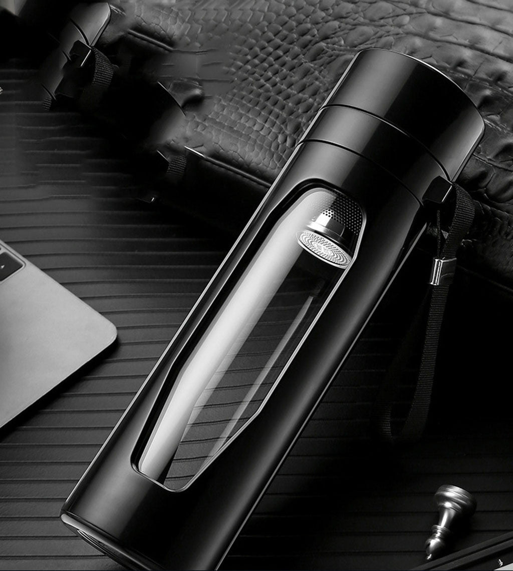 Double-Layer Borosilicate Glass Water Bottle with Stainless Steel Filter