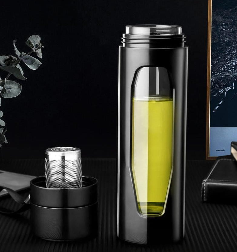 Double-Layer Borosilicate Glass Water Bottle with Stainless Steel Filter